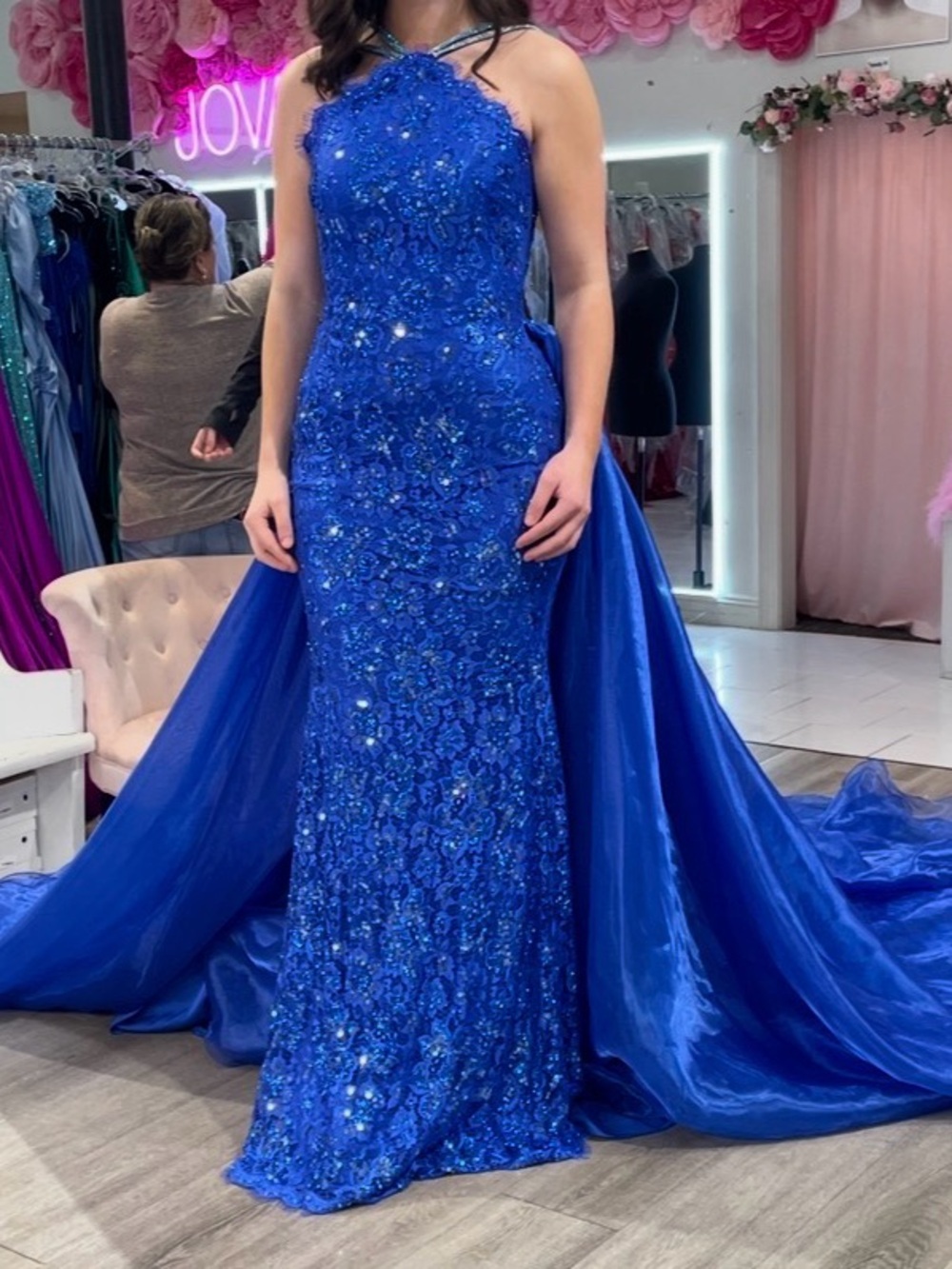 Jonathan Kayne 2618 Royal Blue Beaded Halter Evening Gown